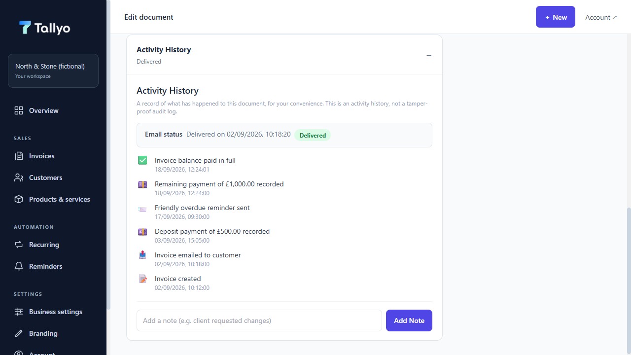 Updated Tallyo activity history showing fictional invoice delivery, reminder, deposit and full payment events