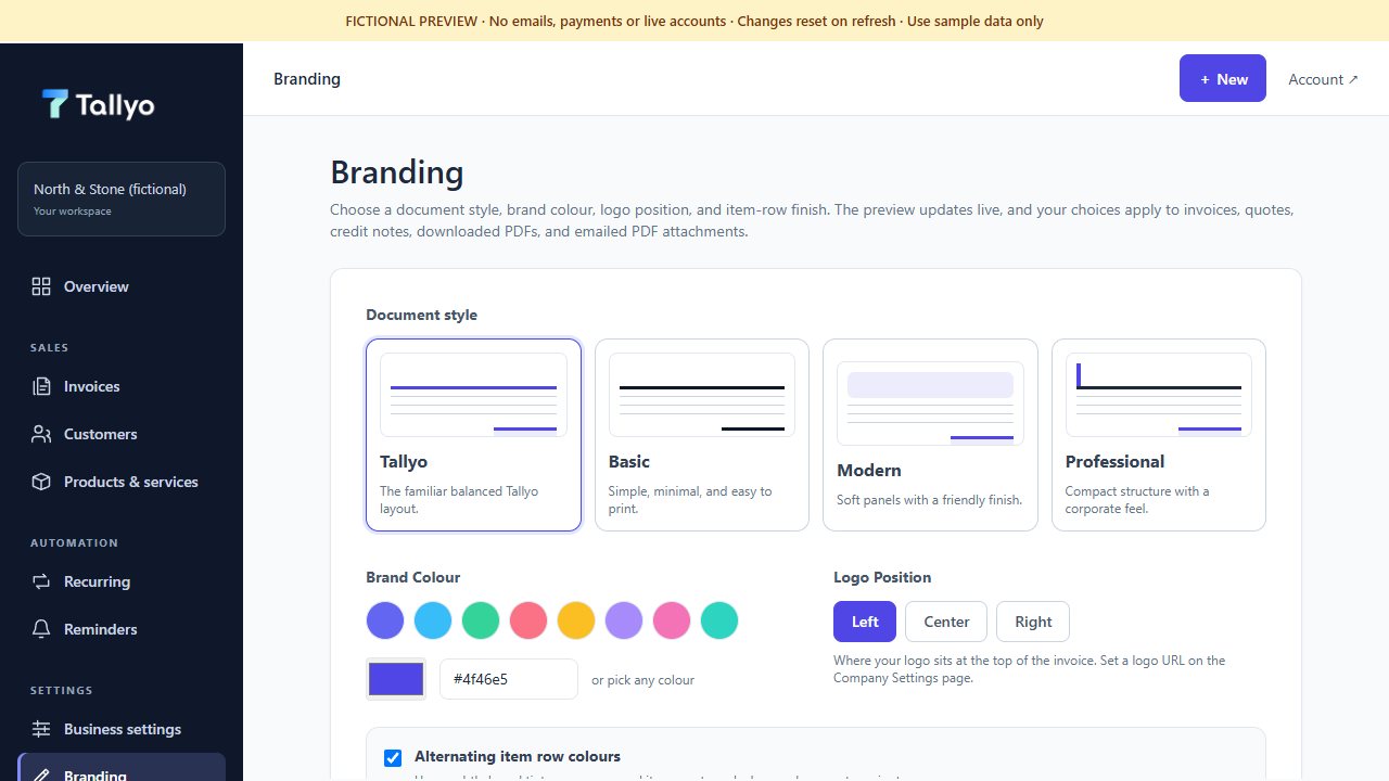 Updated Tallyo branding controls with a fictional North and Stone invoice preview