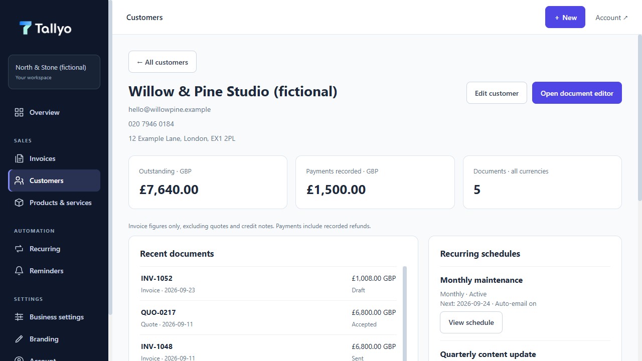 Updated Tallyo customer detail page using fictional Willow and Pine Studio documents, balances and recurring schedules