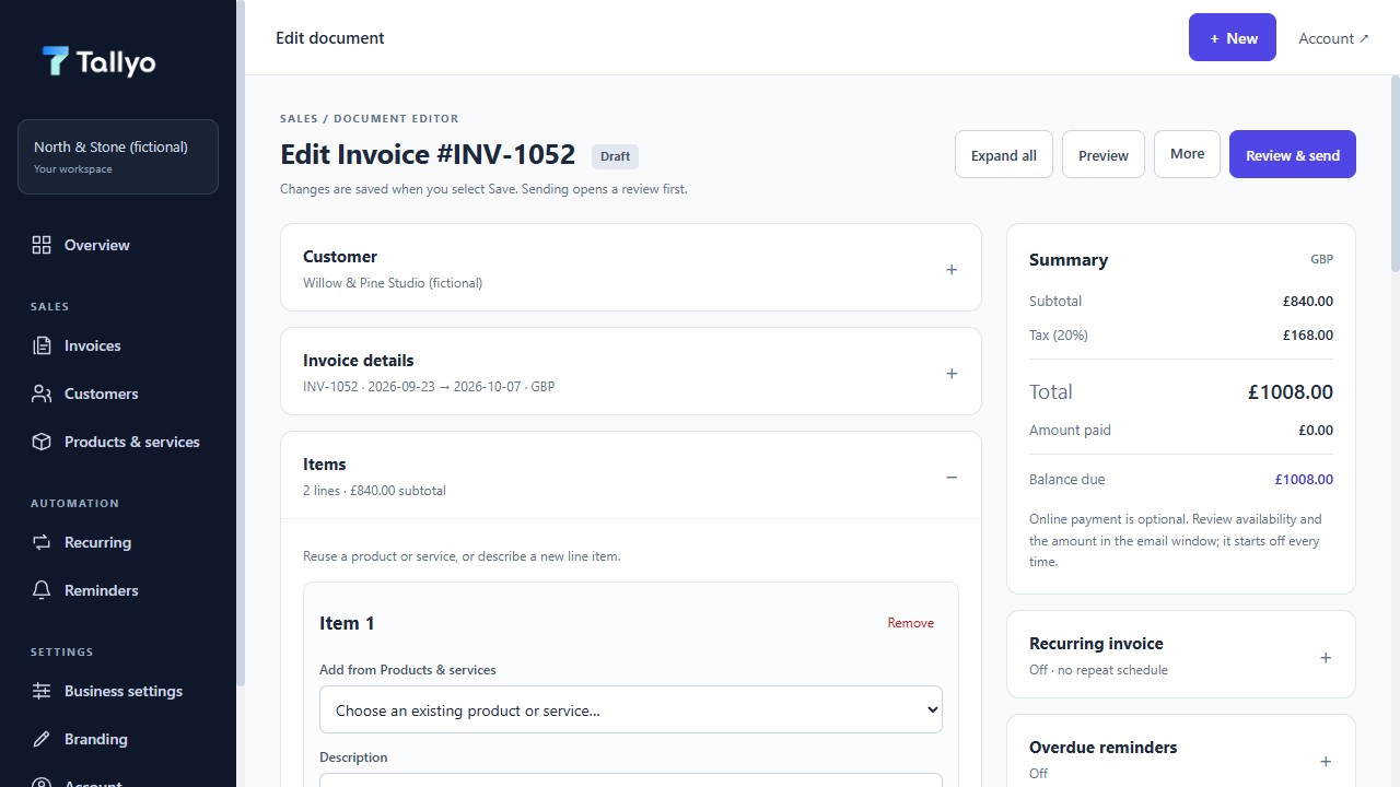 Updated Tallyo invoice editor showing fictional line items and a live invoice summary