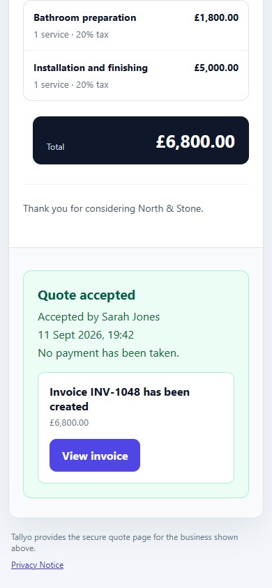 Mobile Tallyo customer quote page showing a fictional accepted quote and linked invoice