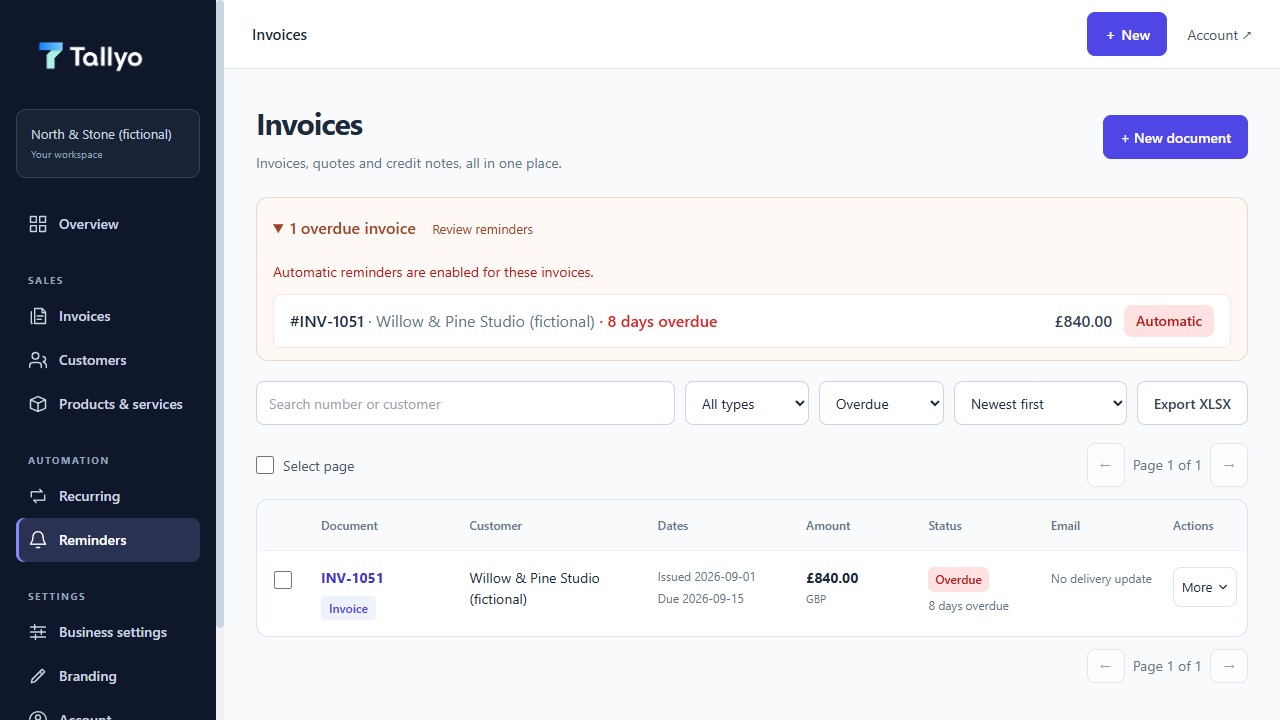 Updated Tallyo reminders view showing a fictional overdue invoice with automatic reminders enabled