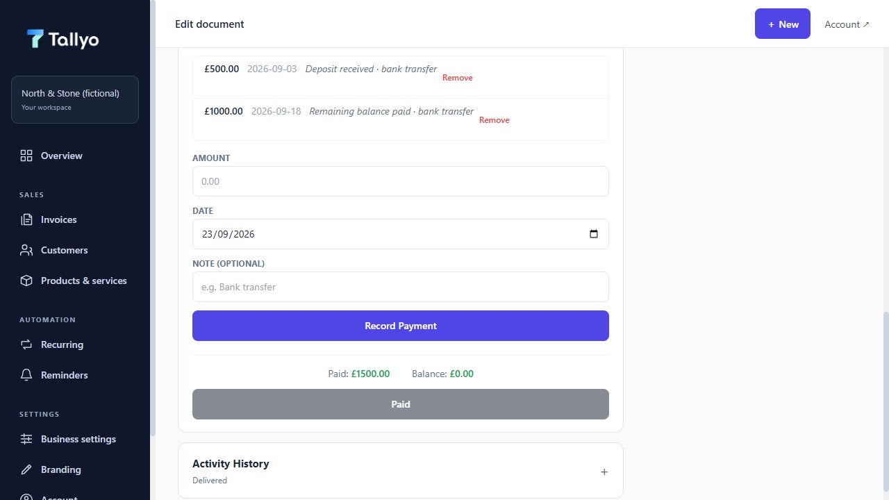Updated Tallyo payment records showing a fictional five hundred pound deposit, remaining payment and paid balance