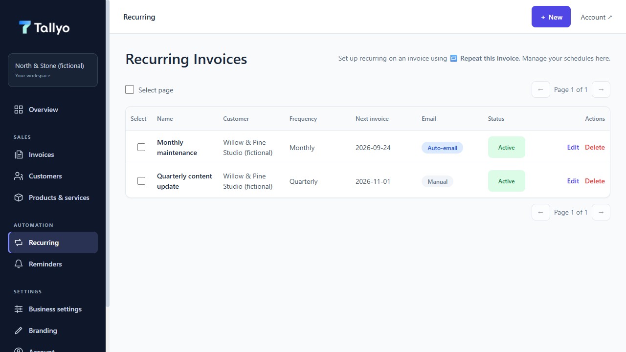 Updated Tallyo recurring invoices list showing fictional monthly and quarterly schedules