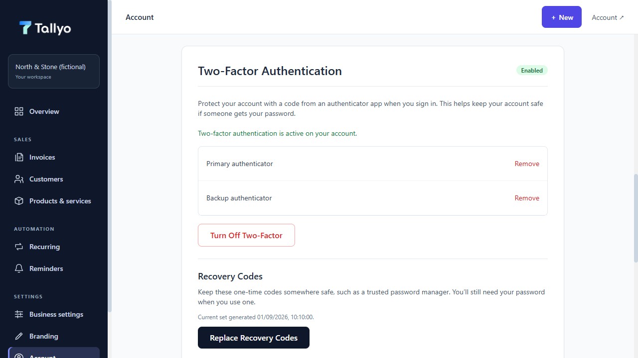 Updated Tallyo two-factor authentication and recovery-code settings using fictional account data